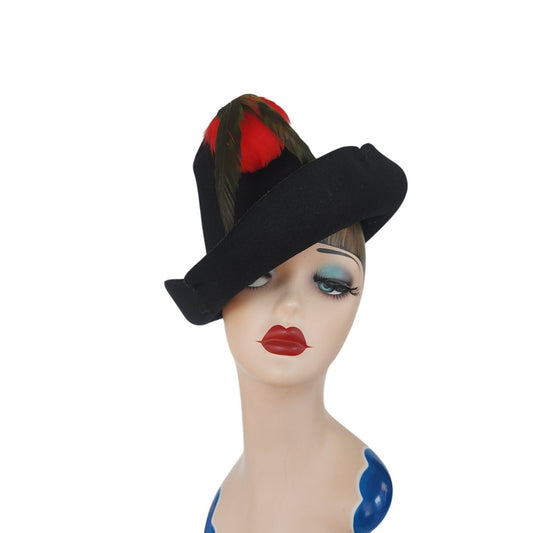 Vintage 30s Robin Hood Hat Black Wool Red Feather New York Creation