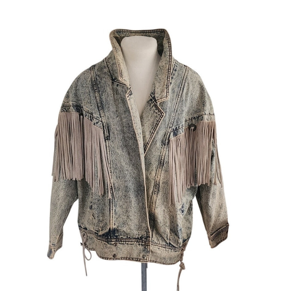 Vintage 80s Rock Creek Trading Co Acid Wash Denim Jacket PLUS SIZE Leather Fringe, Western Style