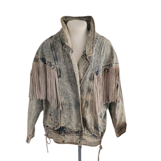 Vintage 80s Rock Creek Trading Co Acid Wash Denim Jacket PLUS SIZE Leather Fringe, Western Style