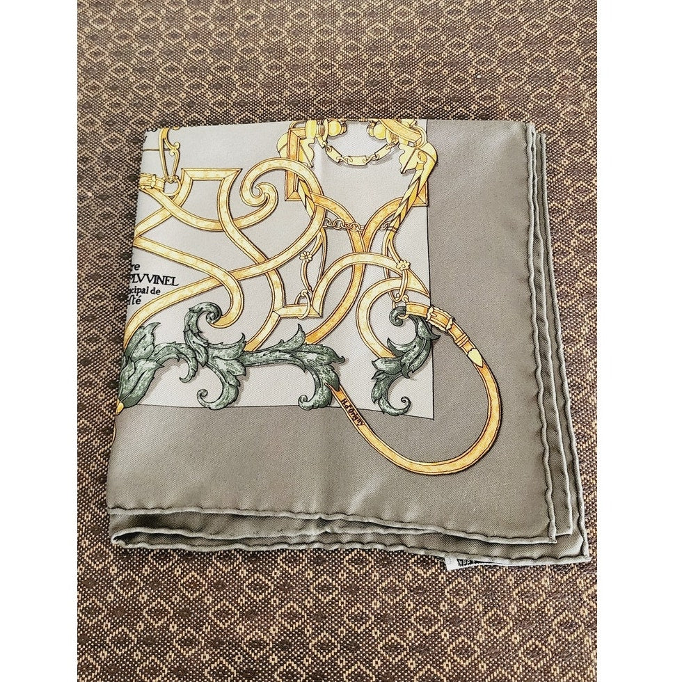 Vintage 90s Hermes Silk Scarf Equestrian Carre 90 Gray Gold l'Instruction du Roy
