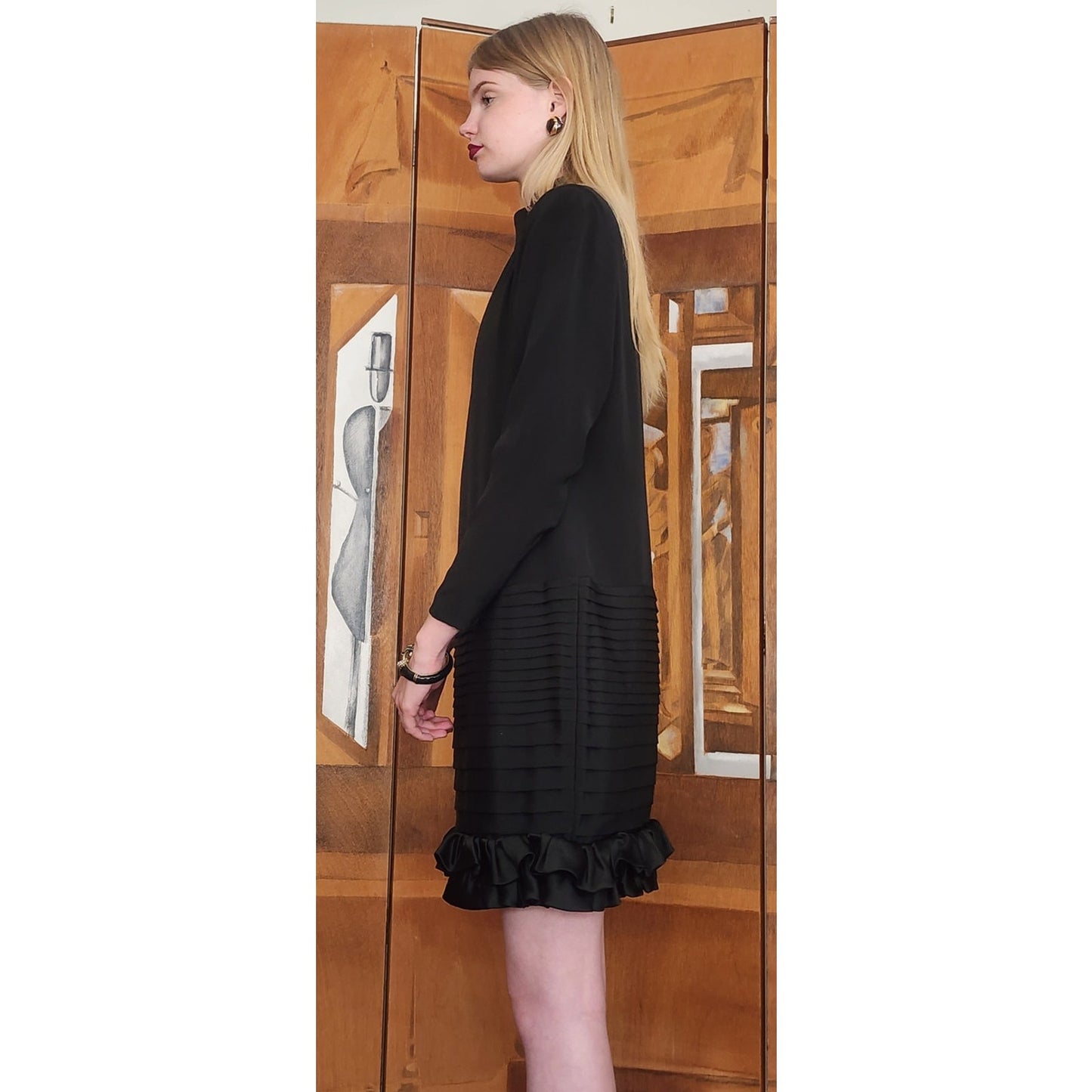 Vintage 1980s Galanos Dress Black Silk Crepe Mock Neck Pintuck Skirt Ruffle Hem