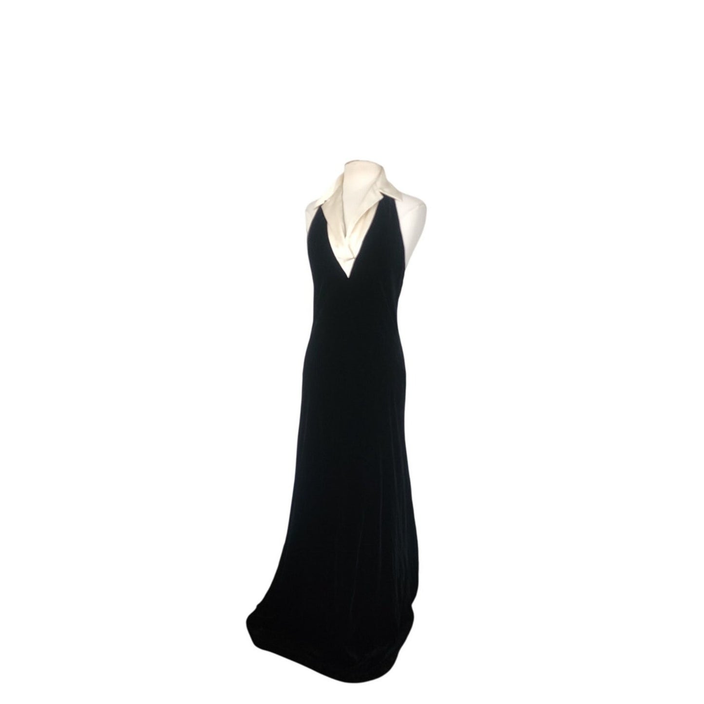 Vintage 1990s Ralph Lauren Evening Dress Black Velvet Halter Top Cream Silk Collar