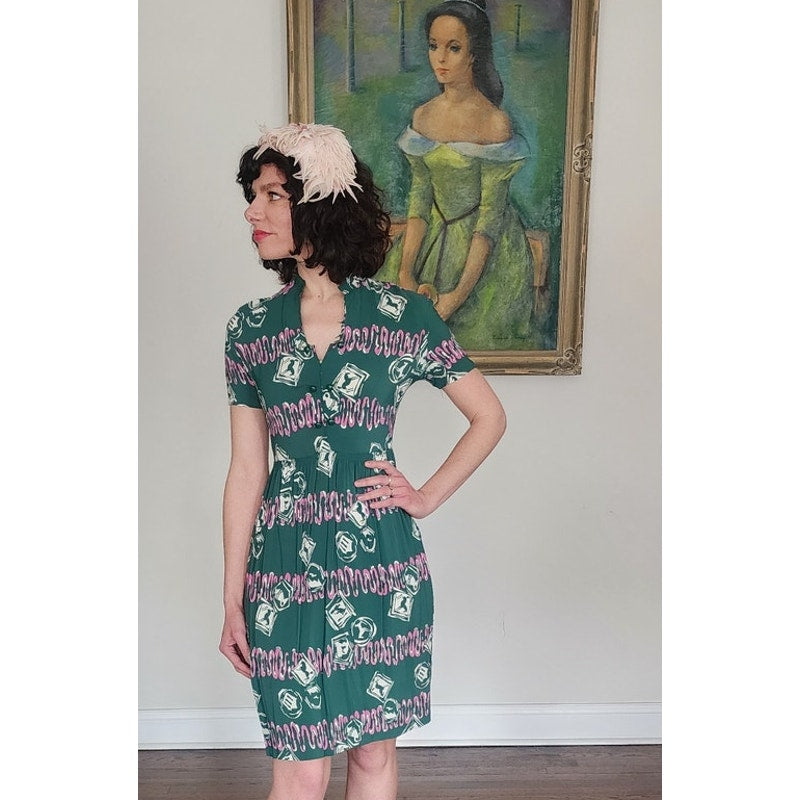 Vintage 40s Rayon Dress Green Pink Novelty Print Ancient Greek Greece Classical Art