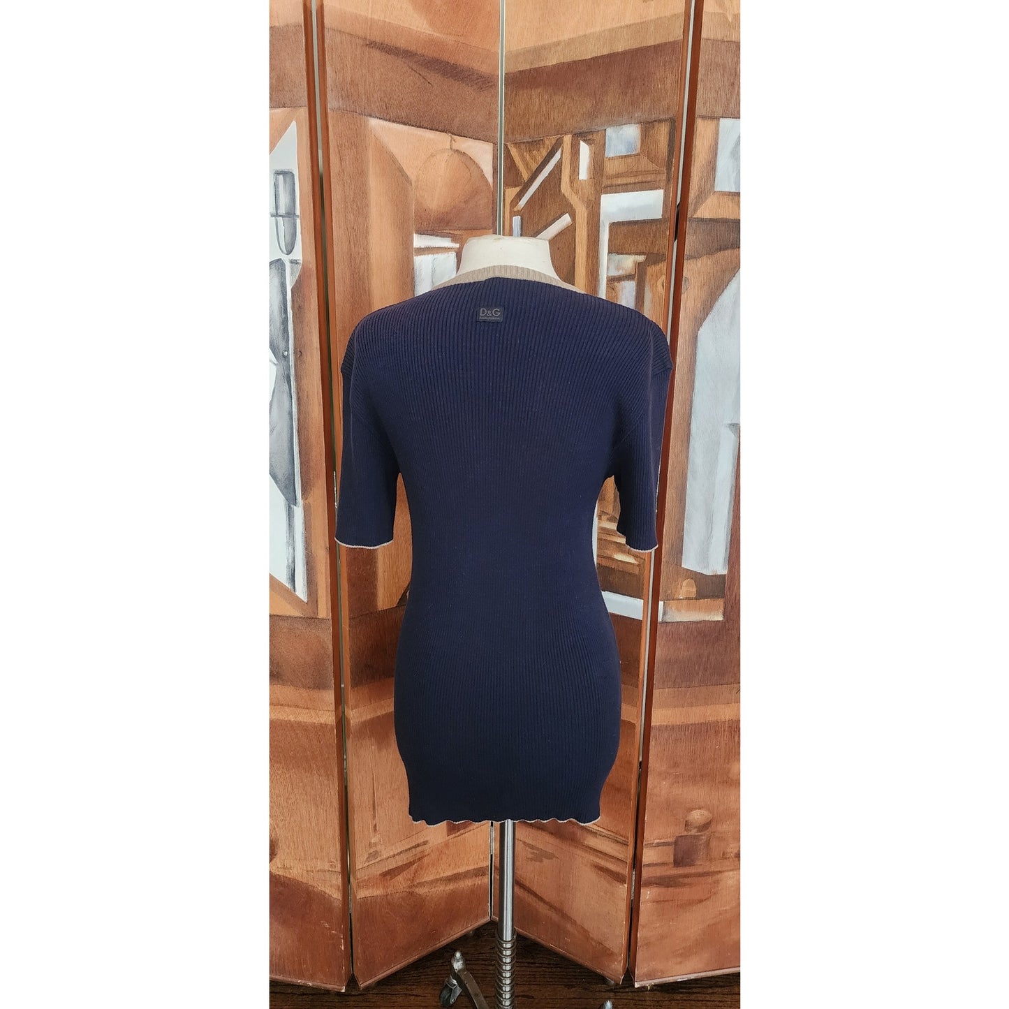 Vintage 90s D&G Dolce & Gabbana Ribbed Knit Mini Dress Blue Beige Trim