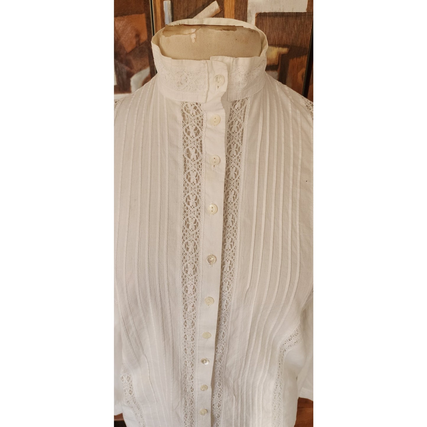 Vintage 70s Laura Ashley Blouse White Cotton Lace Crochet High Collar Puffed Shoulders Neo Edwardian