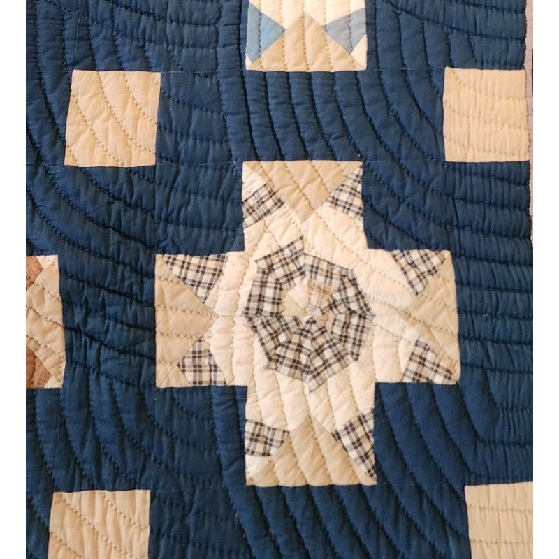 Antique 1800s Quilt Variable Stars Scraps Sampler Crossed Roads Dark Blue w/Cream Crosses