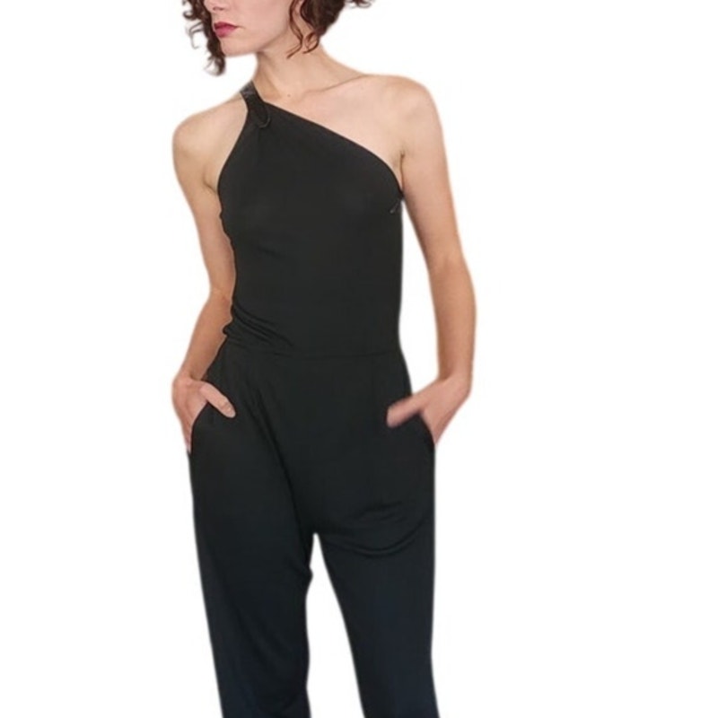 Vintage 1970s Genny by Gianni Versace Jumpsuit Asymmetric Black Rayon One Shoulder Snakeskin Trim Small