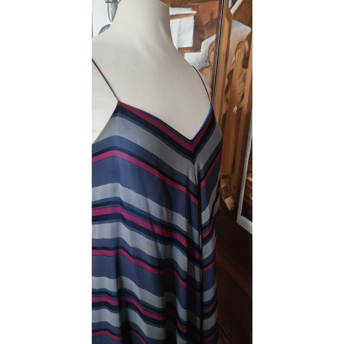 Vintage 70s Chiffon Silk Sun Dress Chevron Stripe Charlotte Ford Spaghetti Strap