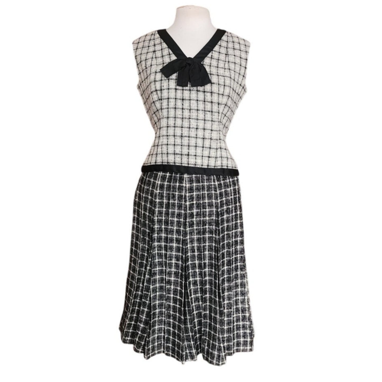 Vintage 1960s Mod Suit Pleated Midi Skirt + Top Gray Black Wool Tweed Geometric Schoolgirl