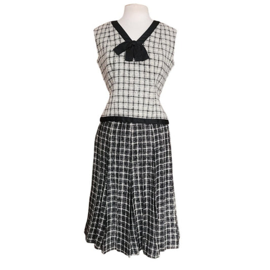 Vintage 1960s Mod Suit Pleated Midi Skirt + Top Gray Black Wool Tweed Geometric Schoolgirl