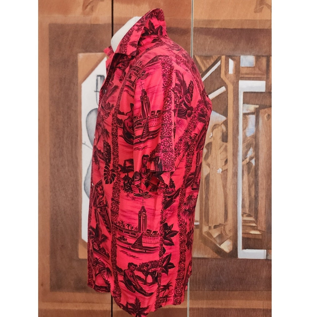 Vintage 60s Men's Red Hawaiian Shirt Surf Scenic Tiki Huts Cotton Short Sleeve