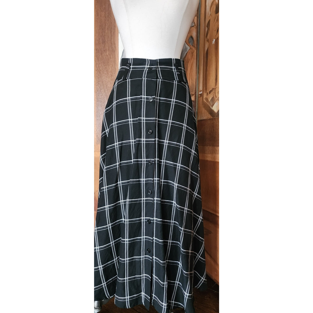 Vintage 1990s Anne Klein II Long Skirt Black Linen White Plaid Button Down / M