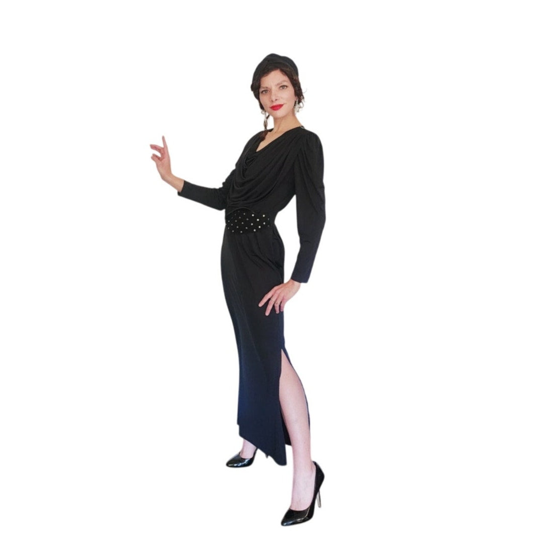 Vintage 1980s Oscar de la Renta Evening Dress Black Liquid Jersey Rhinestones Cowl Neck M