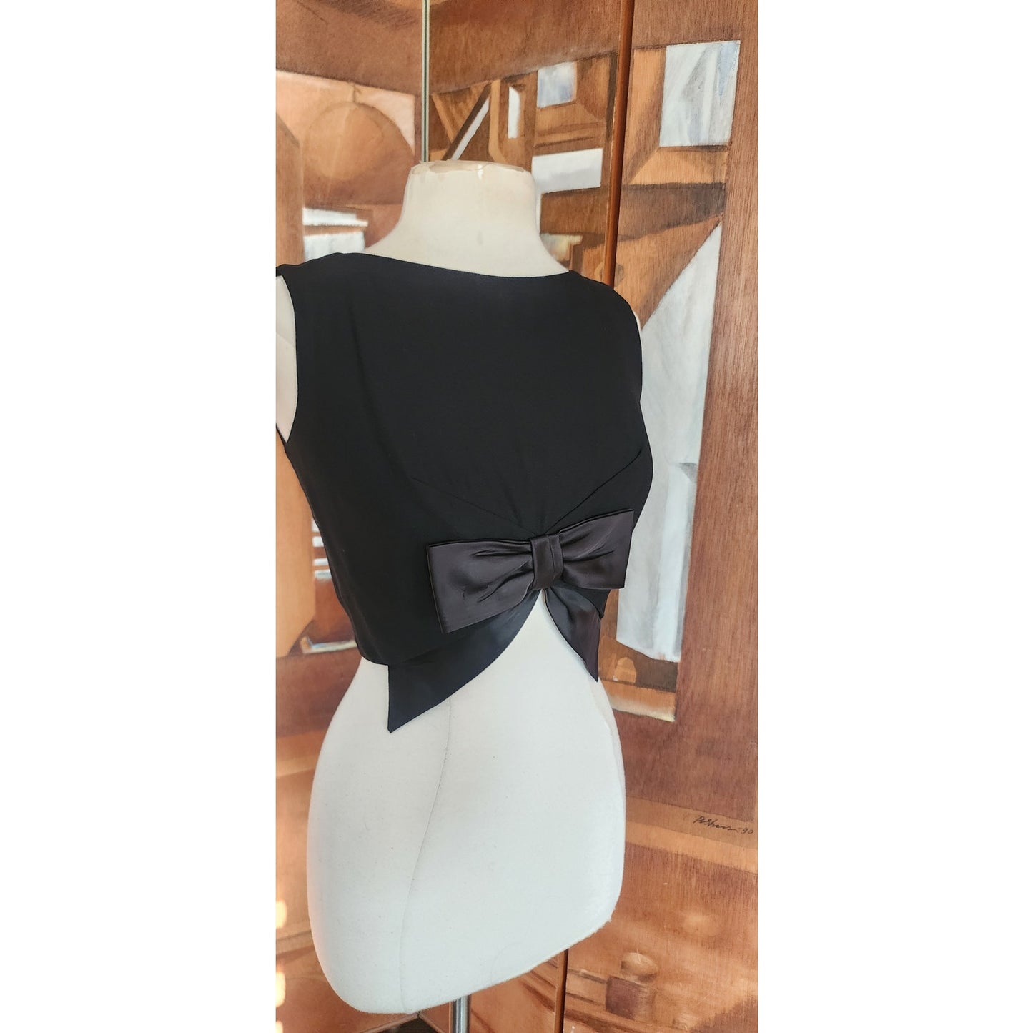 Vintage 60s Black Shell Dressy Top w/Large Satin Bow / Medium