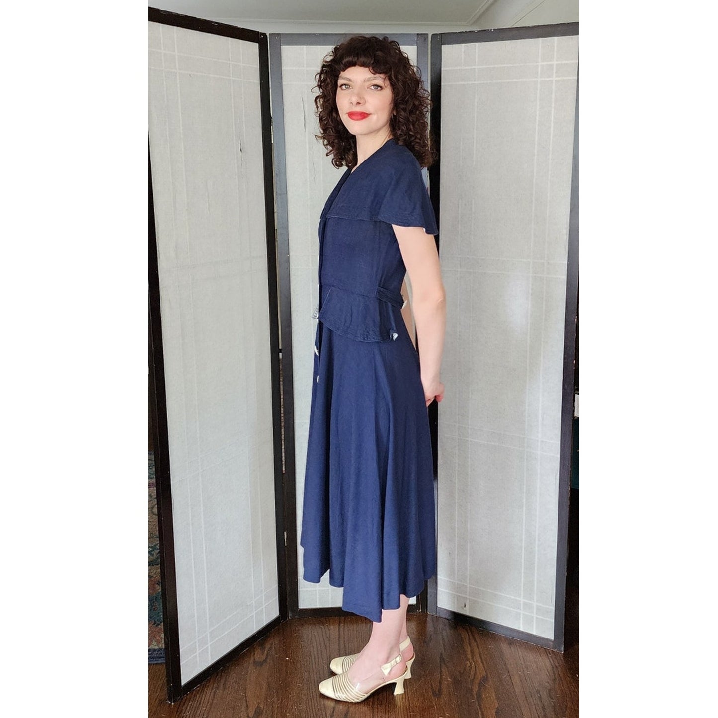 Vintage 40s Navy Blue Summer Dress White Buttons Shawl Collar