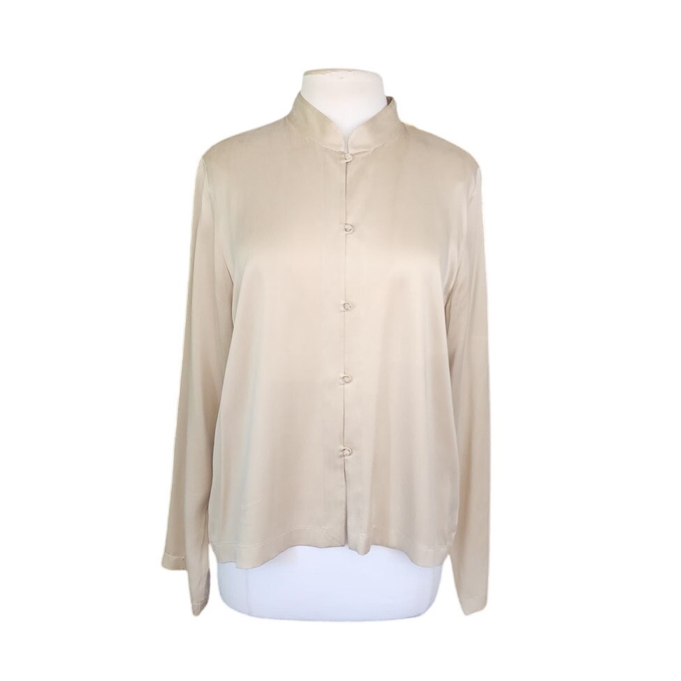 Vintage 90s Eileen Fisher Blouse Beige Silk Long Sleeves