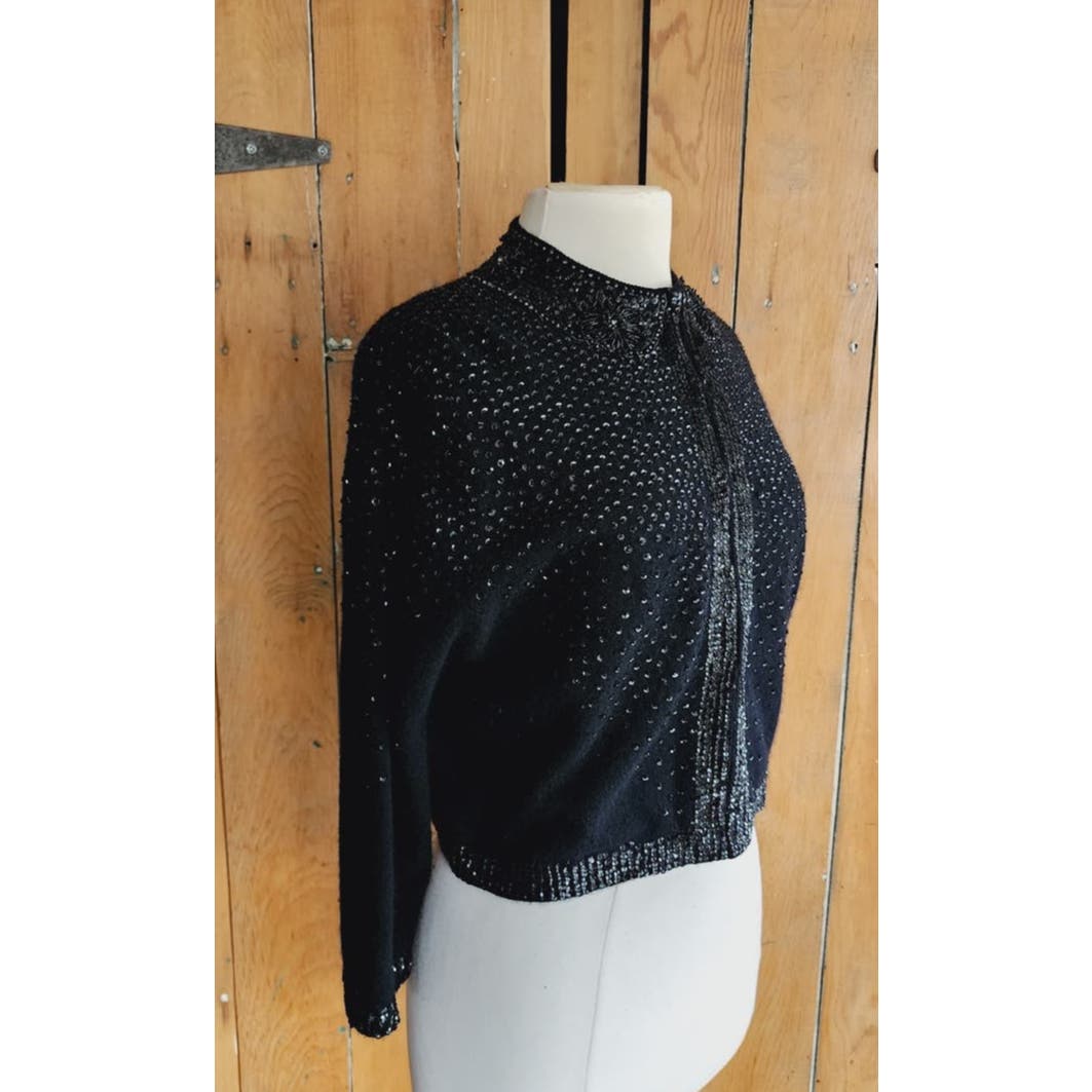 Vintage 50s Beaded Cardigan Black Angora Wool