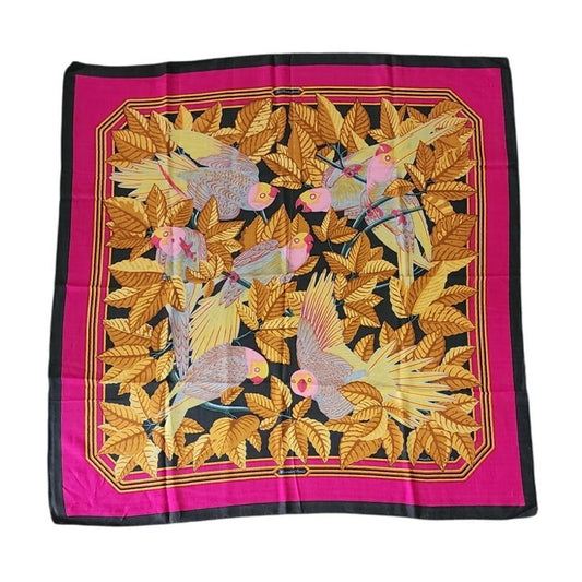 Vintage HERMES Scarf Les Perroquets Cashmere Silk Parrots Birds Orange Yellow Carre Foulard Joachim Metz
