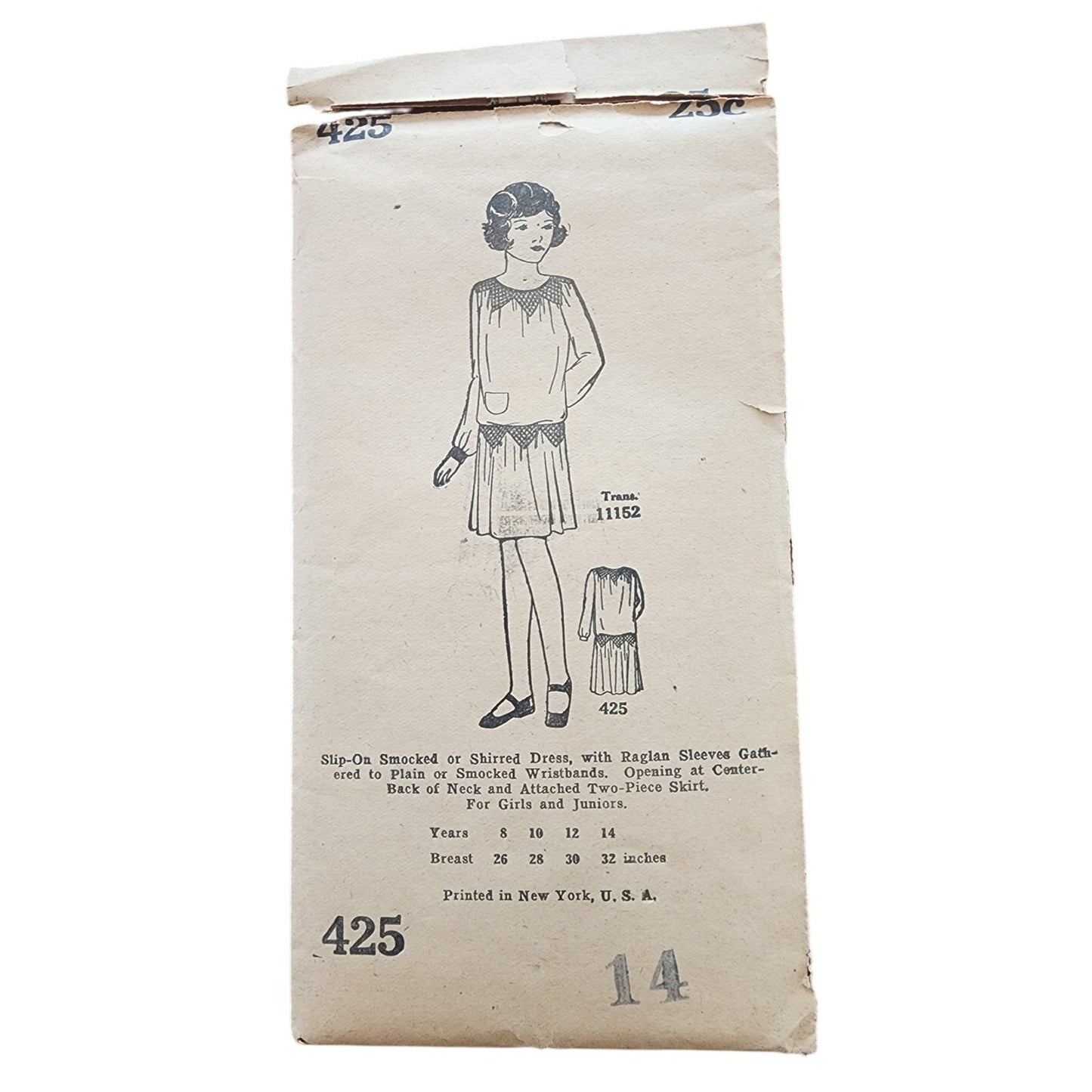 Vintage 1920s Sewing Pattern ORIGINAL: Girls Smocked Shirred Dress Chicquette 425 Chicago Daily News