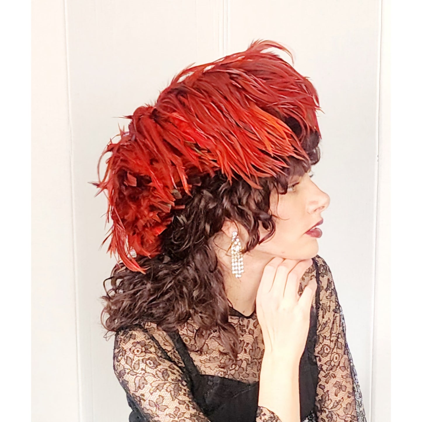 80s Does 60s Red Feather Hat Kokin Oversized Avant Garde