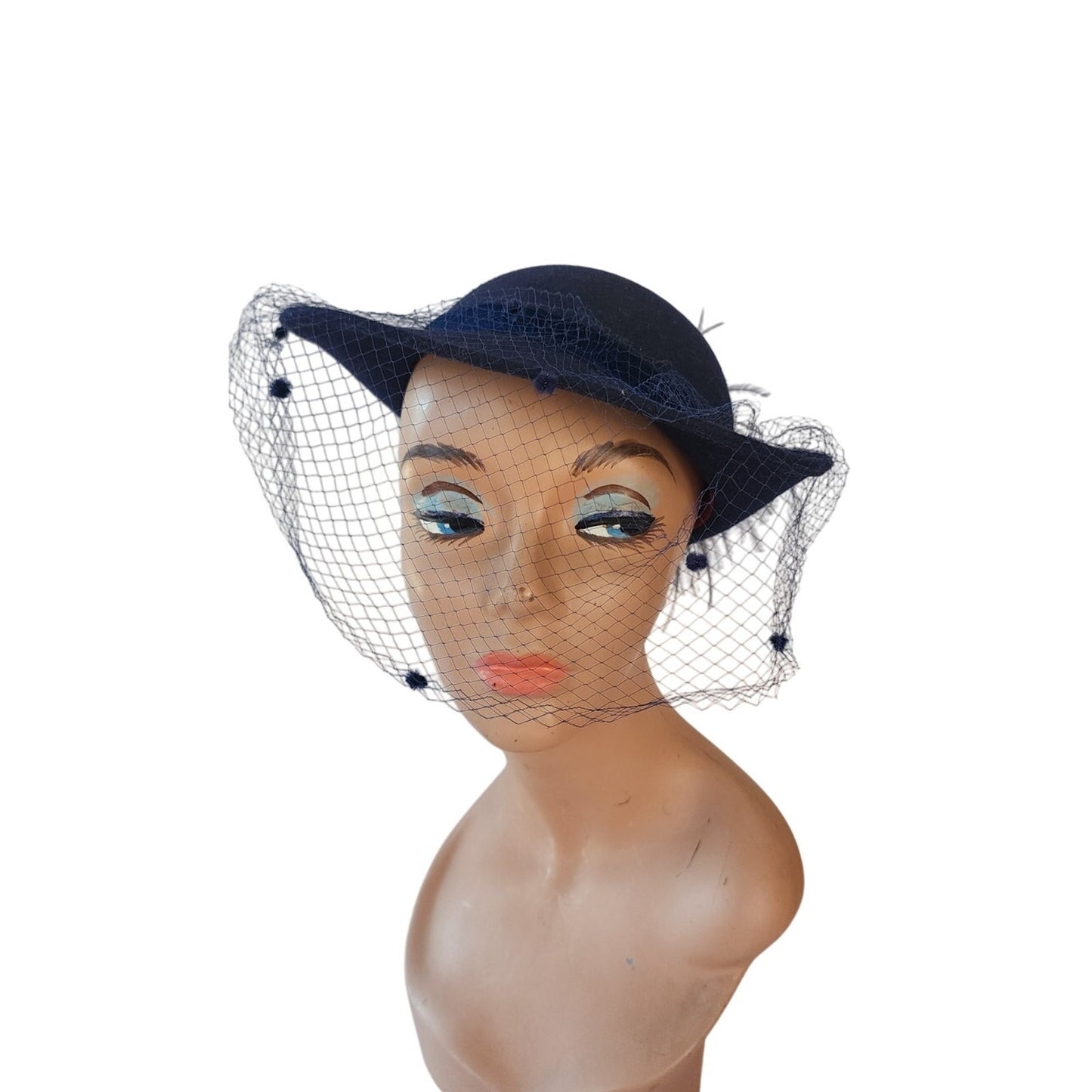 Vintage 70s Navy Blue Wool Hat w/Ostrich Feither & Dotted Veil Georgi