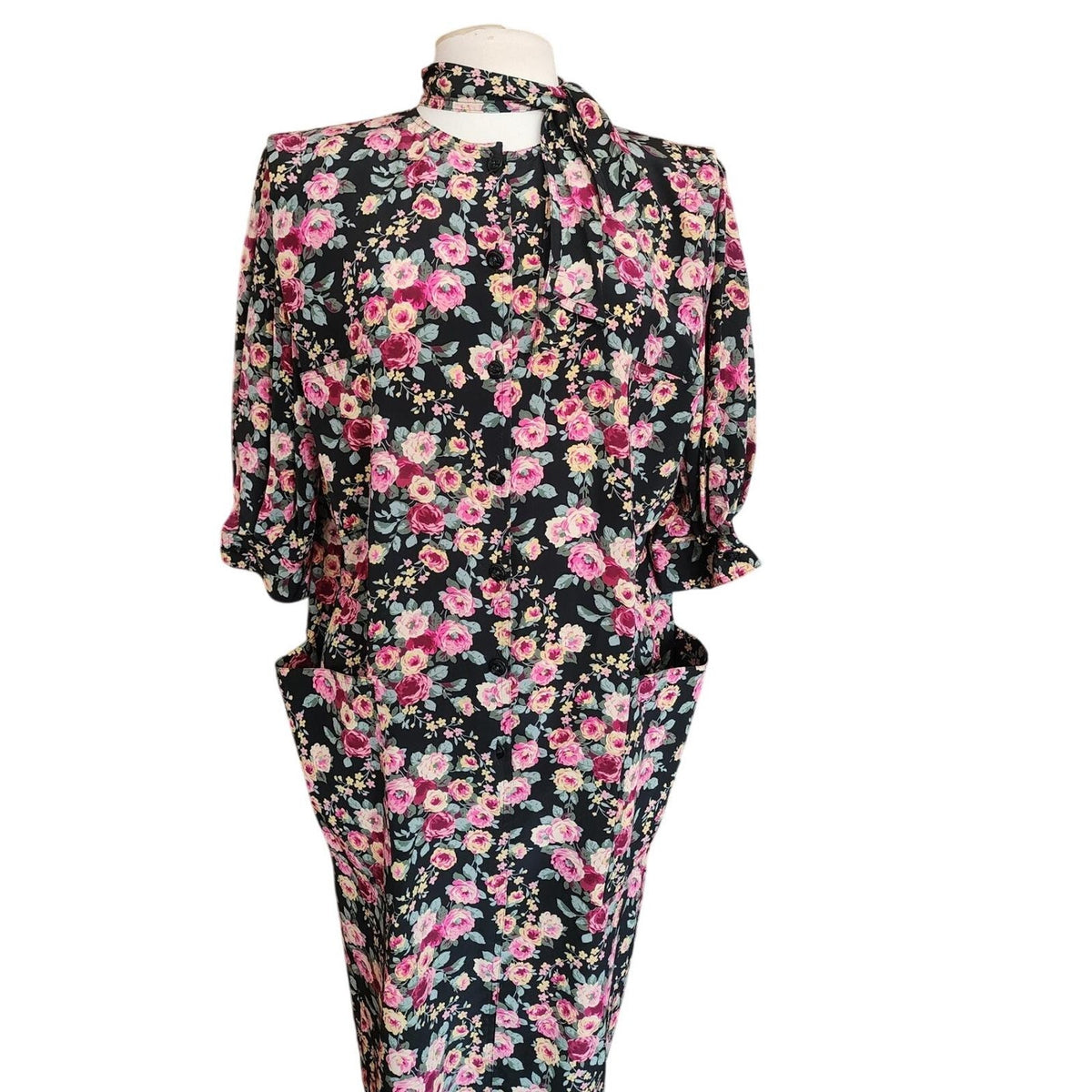 Vintage 1980s Ungaro Dress Silk Floral Rose Print Tie Neck Button Front Pockets