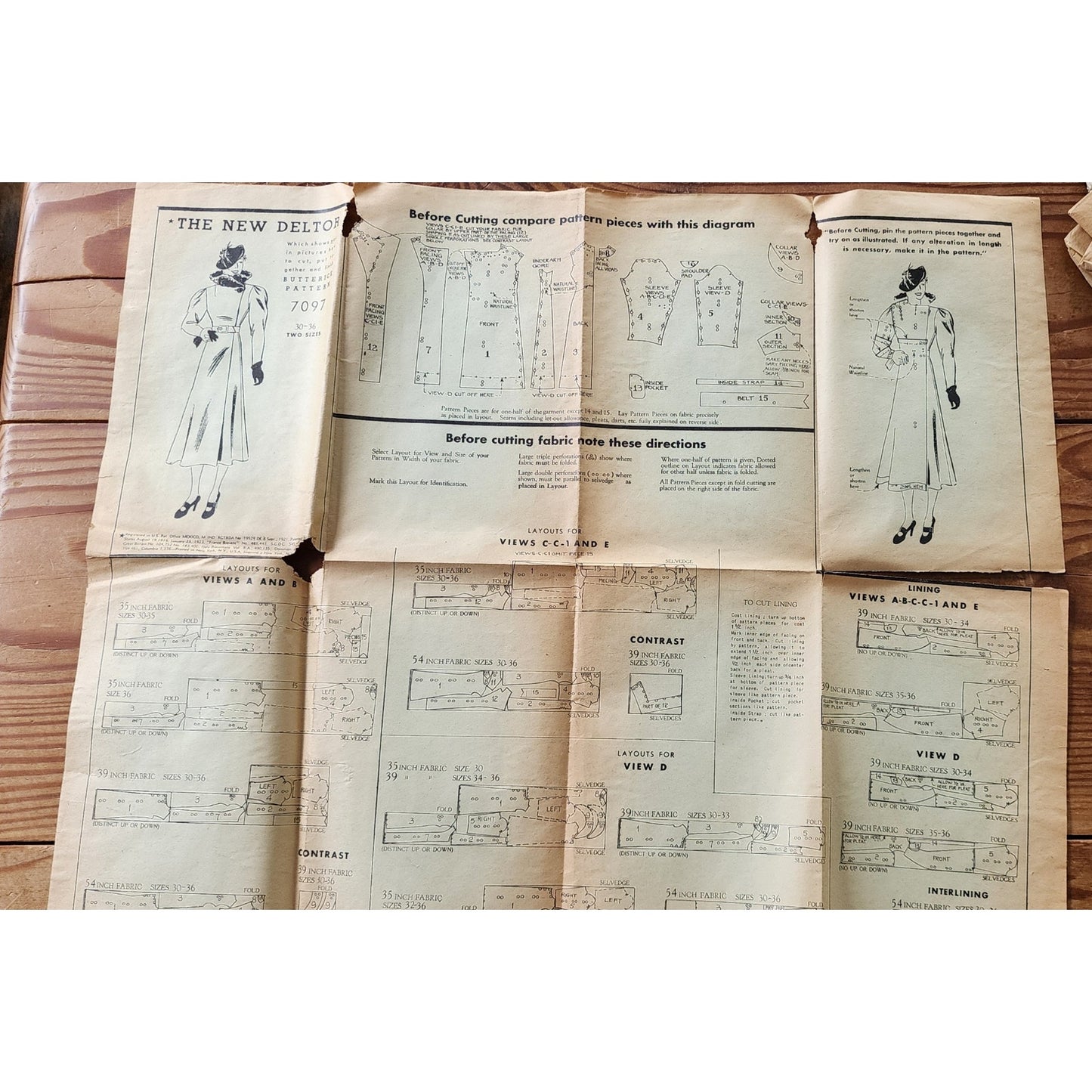 Vintage 30s Sewing Pattern of Fitted Coat w/Collar Butterick 7097 Size 33 Bust