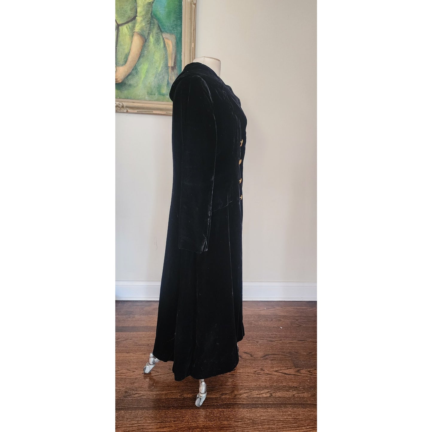 Vintage 1960s Black Velvet Opera Coat Double Breasted Gold Buttons