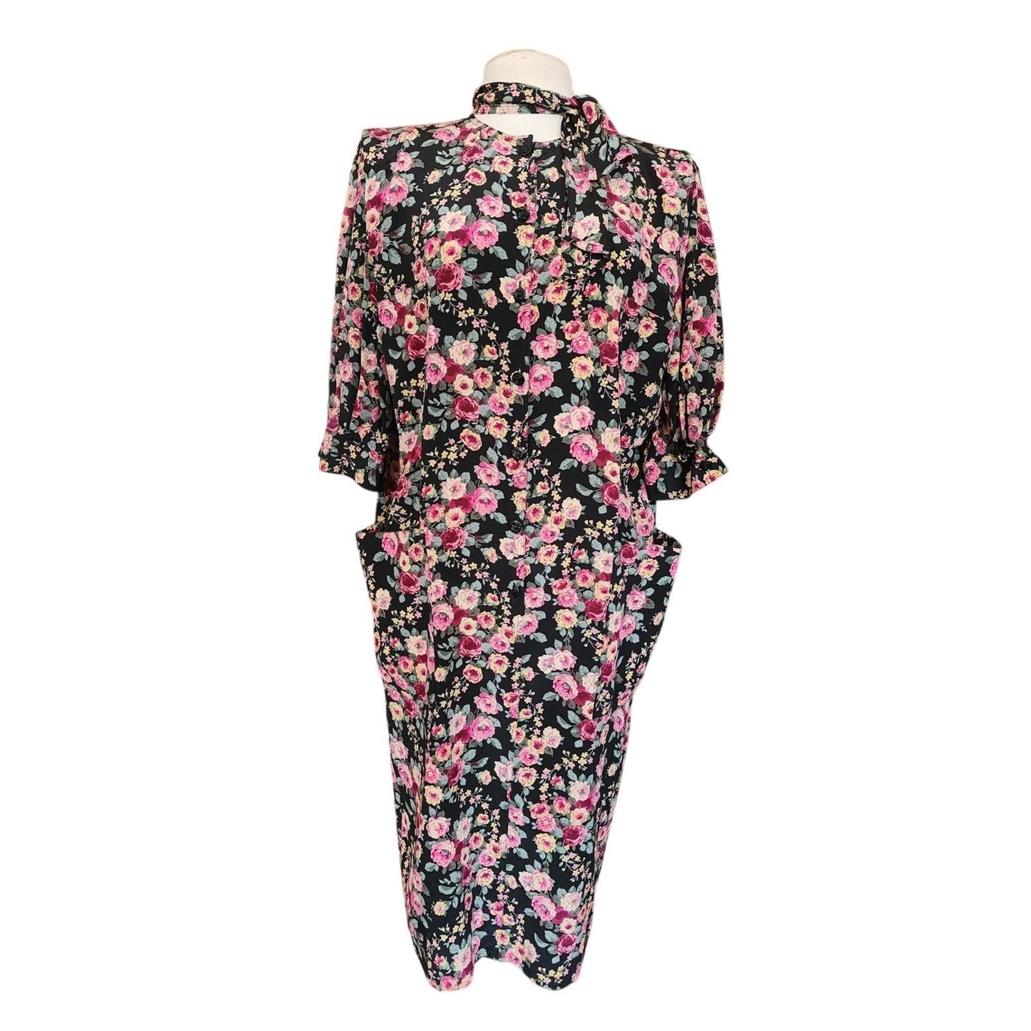 Vintage 1980s Ungaro Dress Silk Floral Rose Print Tie Neck Button Front Pockets