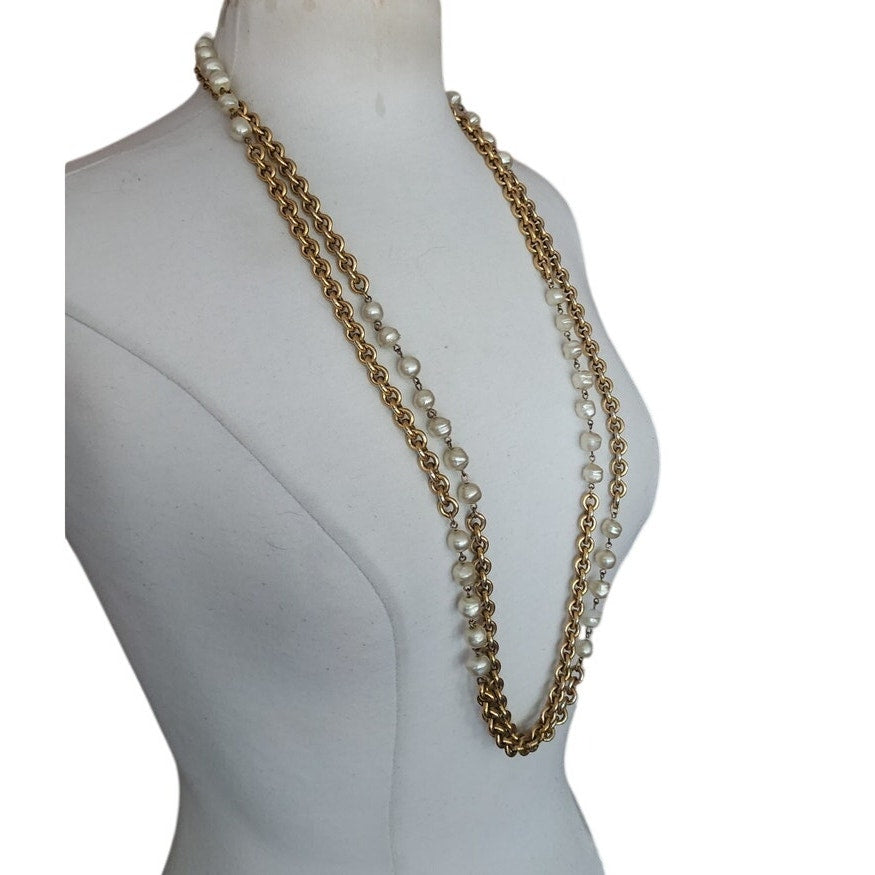 Vintage Chanel 1984 Necklace Double Strand Gold Chain Baroque Pearl Documented Runway Lagerfeld Era