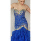 Morilee Strapless Blue Evening Dress Mermaid Ruffled Skirt Beaded Torso