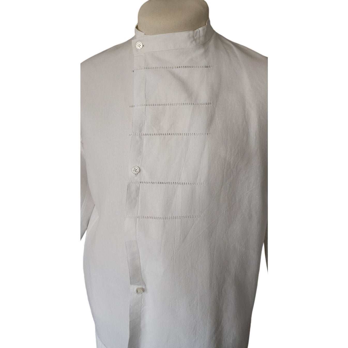 Vintage Issey Miyake Mens Shirt White Linen Button Down Asymmetrical Closure Mandarin Collar