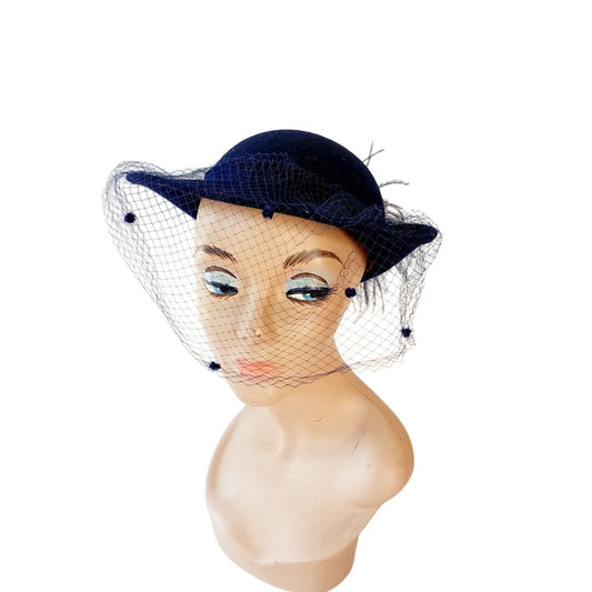 Vintage 70s Feather Hat Navy Blue Wool by Georgi