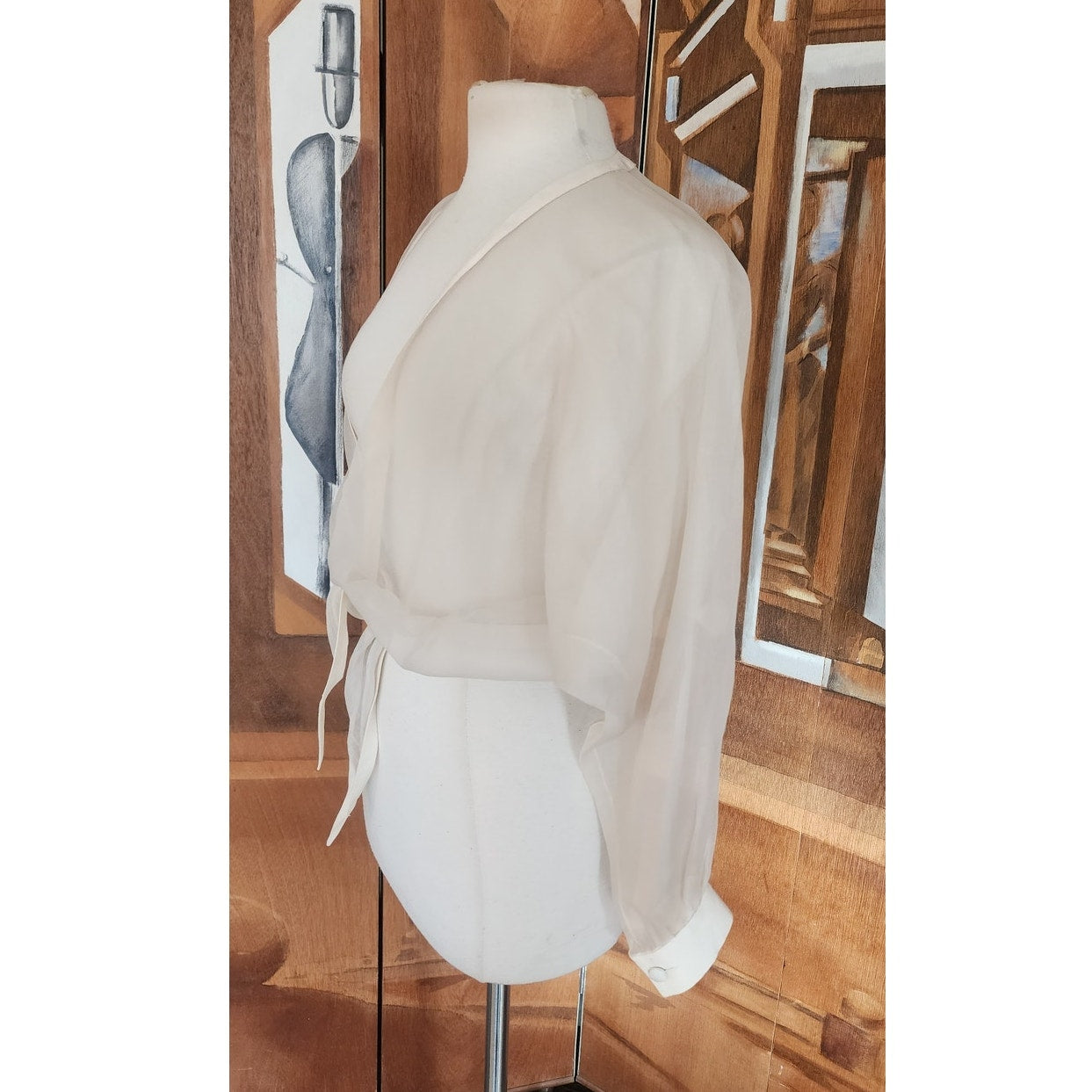 Vintage 90s White Sheer Organza Silk Blouse Tie Front Summer Jacket Victoria March Chicago