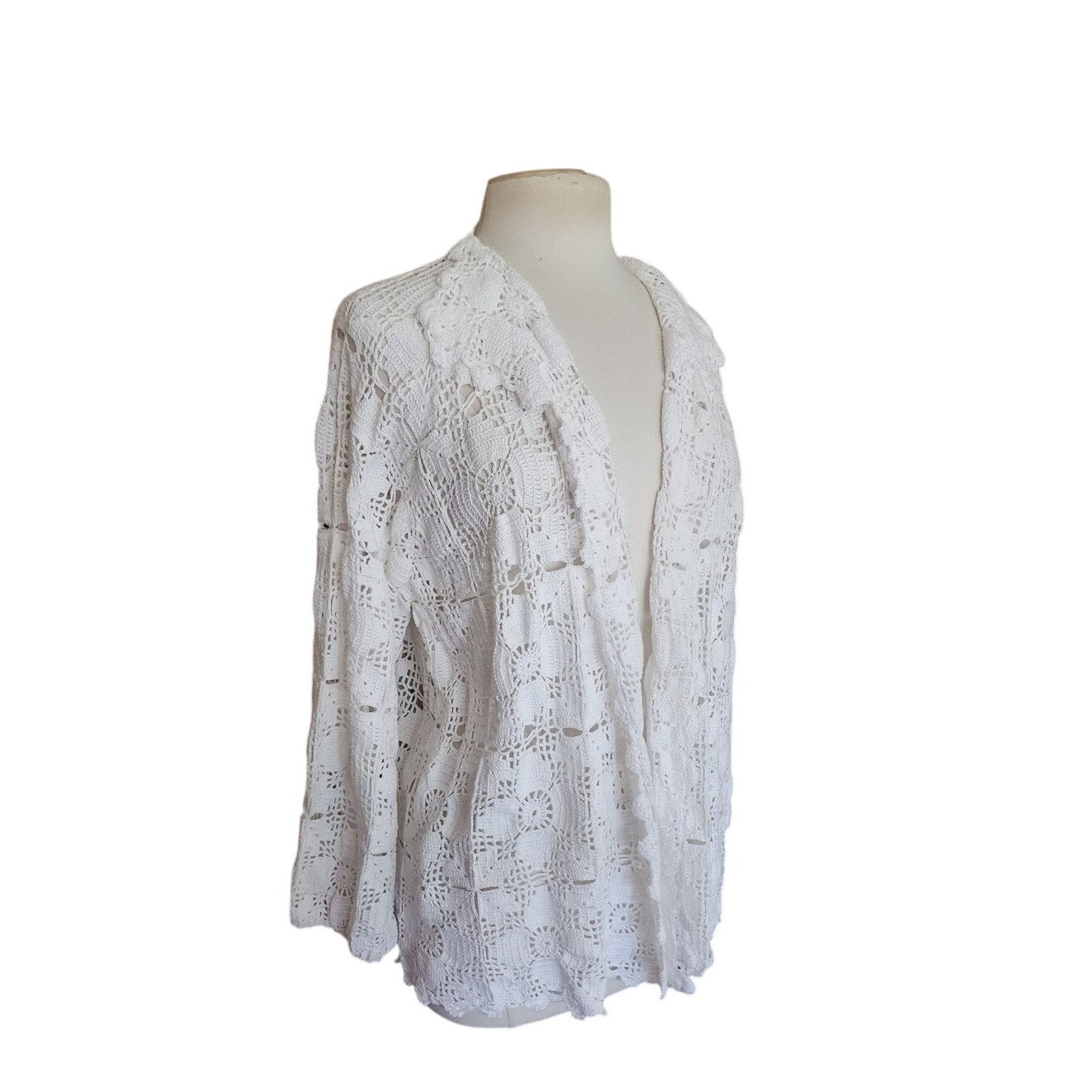 Vintage Crochet Blazer White Openwork Knit Cardigan Jacket w/Collar