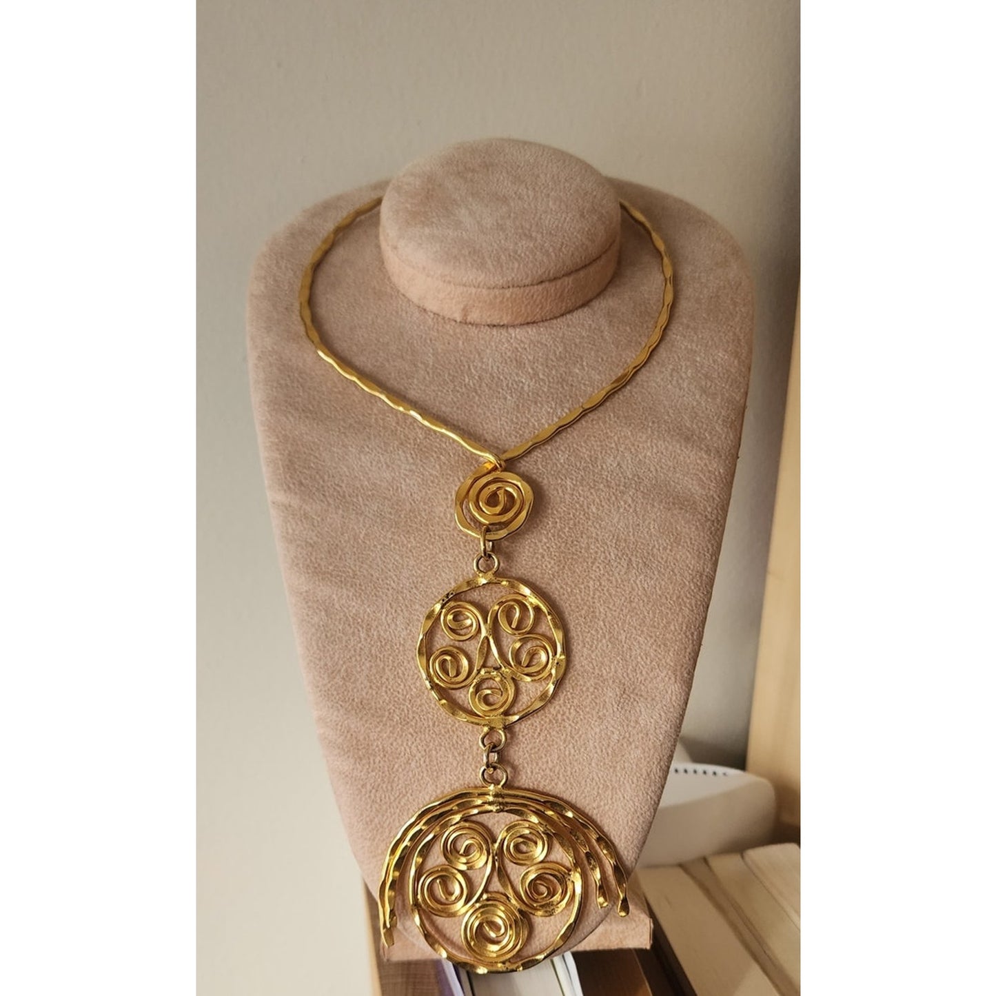 Vintage 70s Gold Necklace Spiral Disc Cascade Ancient Greek Style