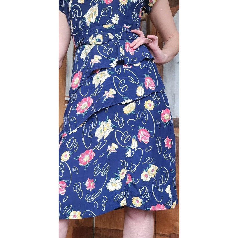 Vintage 40s Rayon Print Midi Dress Dark Blue Floral w/Belt & Diagonal Peplum