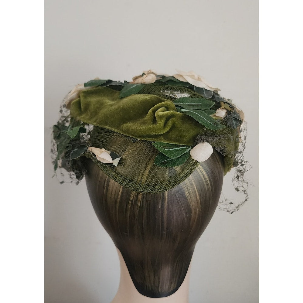 Vintage 50s Flower Hat Green Beige by Paulette Paris
