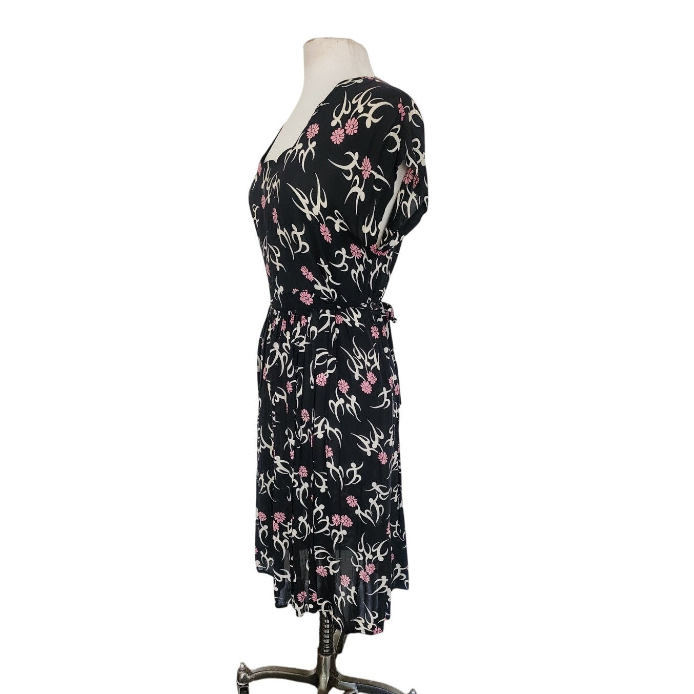 Vintage 1930s Rayon Print Maternity Dress Adjustable Tie Sash Dark Floral Print
