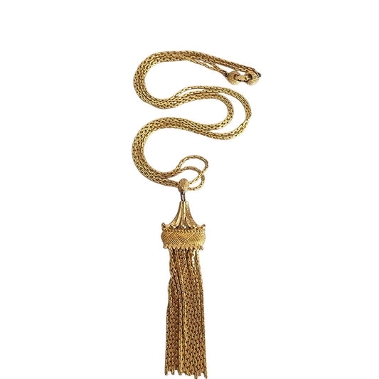 Vintage 70s Monet Traviata Pendant Necklace Gold Fringe Pagoda