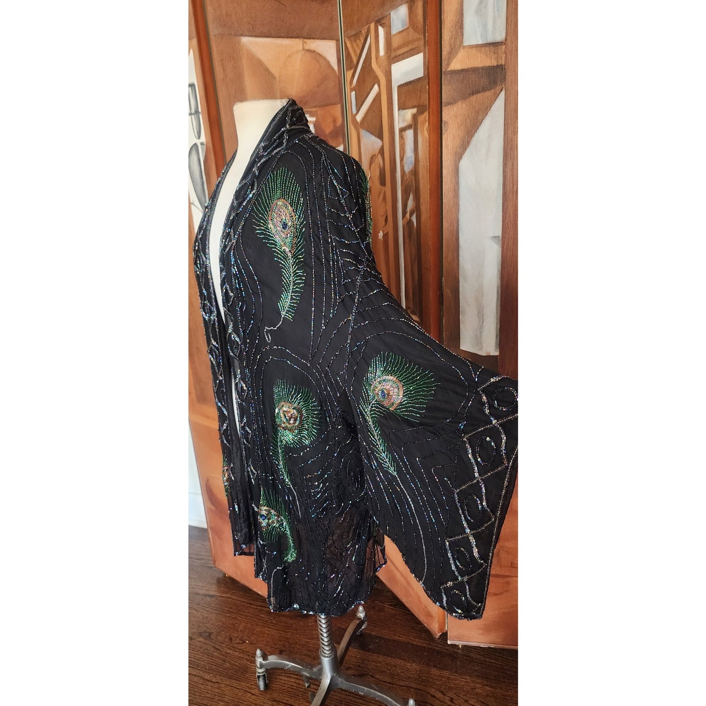 Vintage 1990s Evening Kimono Jacket Shimmering Peacock Feathers Beaded Black Duster Boho Chic Art Nouveau Deco