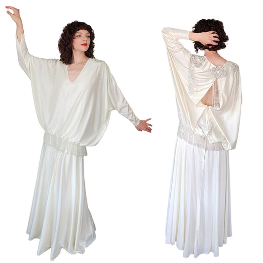 Vintage 80s Does 30s Ivory Party Dress Beaded Fringe  Drop Waist