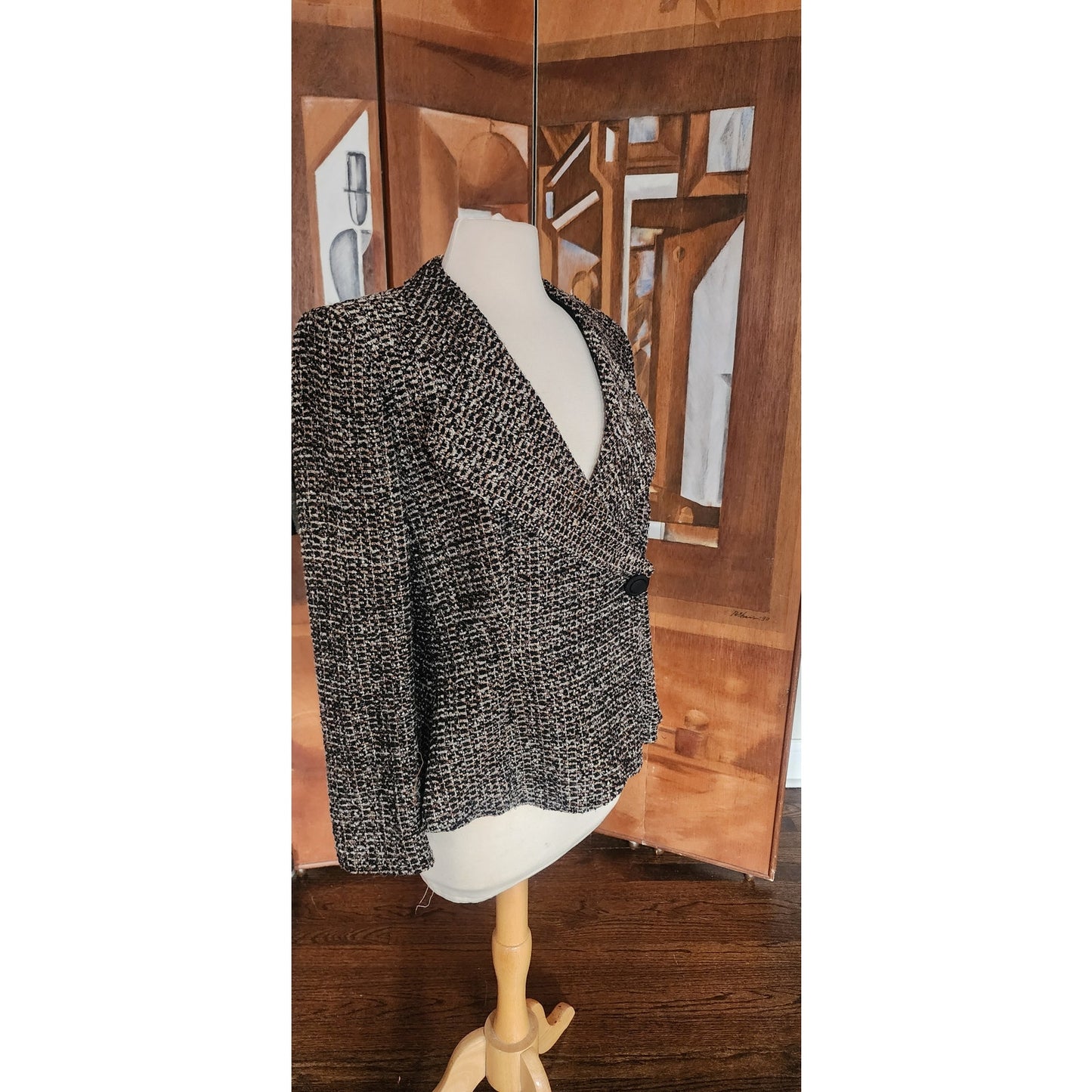 Vintage 2000s Armani Blazer Gray Gold Boucle Tweed Peplum Fitted Jacket / L