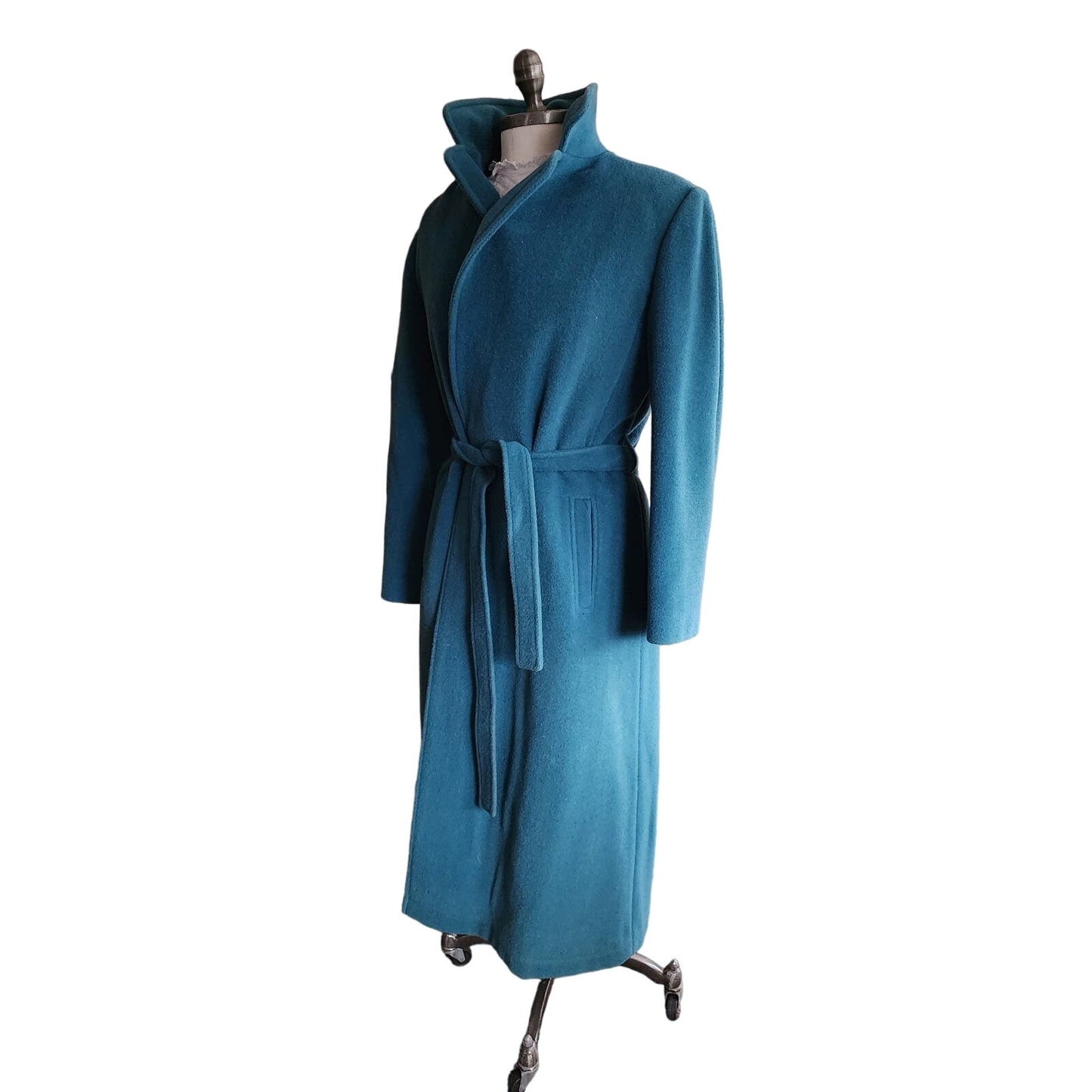 Vintage 80s Blue Wool Coat, Belted, Rosewin
