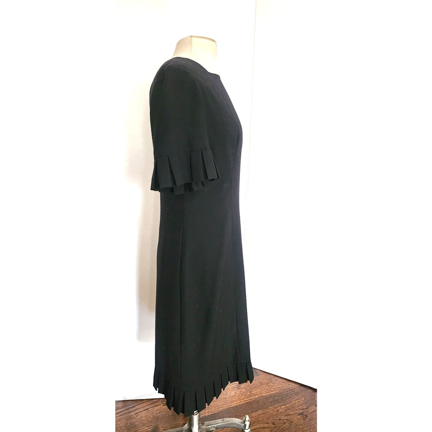 Vintage 60s Sorelle Fontana Dress Black Rayon Crepe w/Pleated Fringe Italian Designer