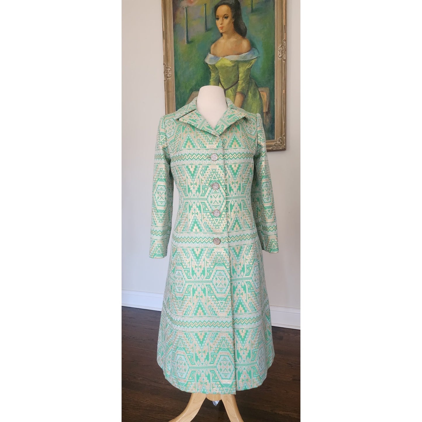 Vintage 1960s Belted Coat Mod Green Print Geometric Abstract Chas A Stevens