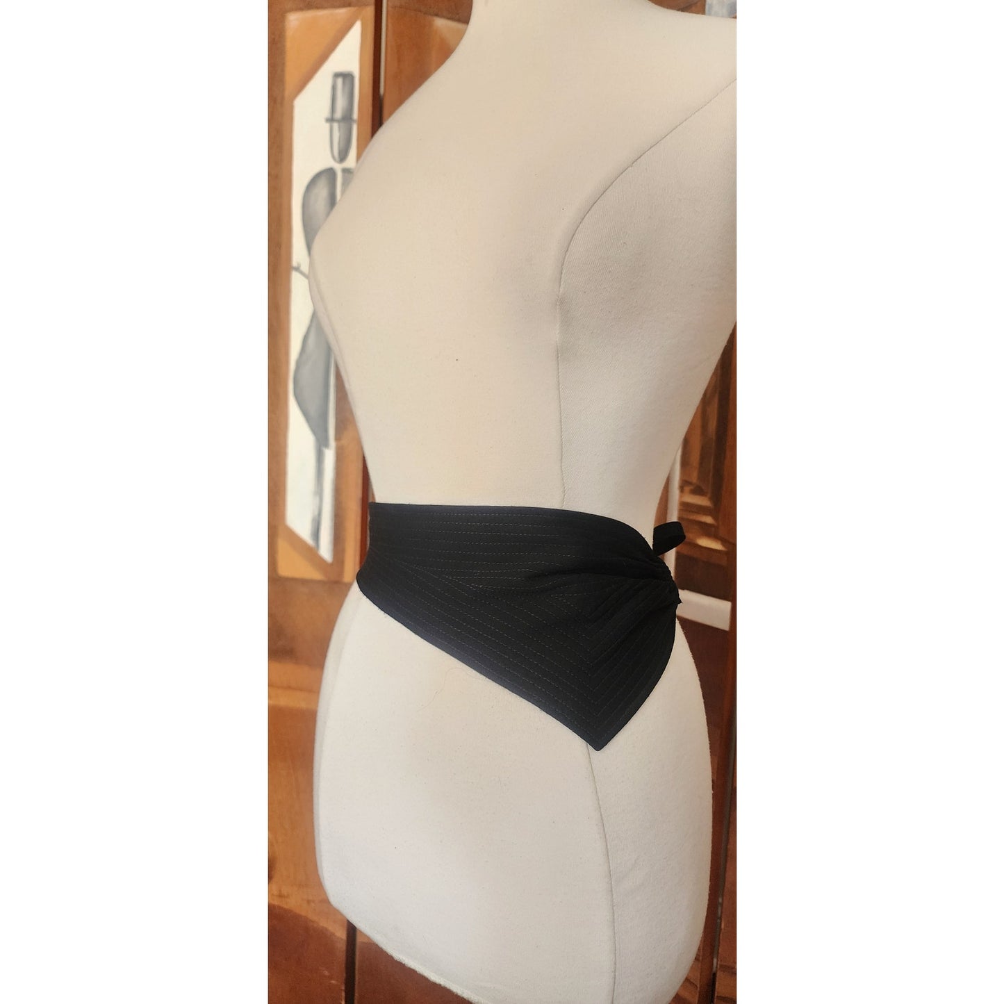 Vintage 1980s Jean Muir Belt Black Fabric Sash Wrap Tie Asymmetrical