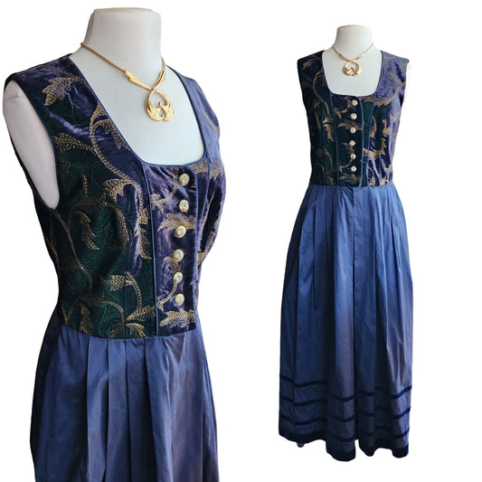 Vintage M&G Dirndl Dress Oktoberfest Blue Velvet Gold Satin