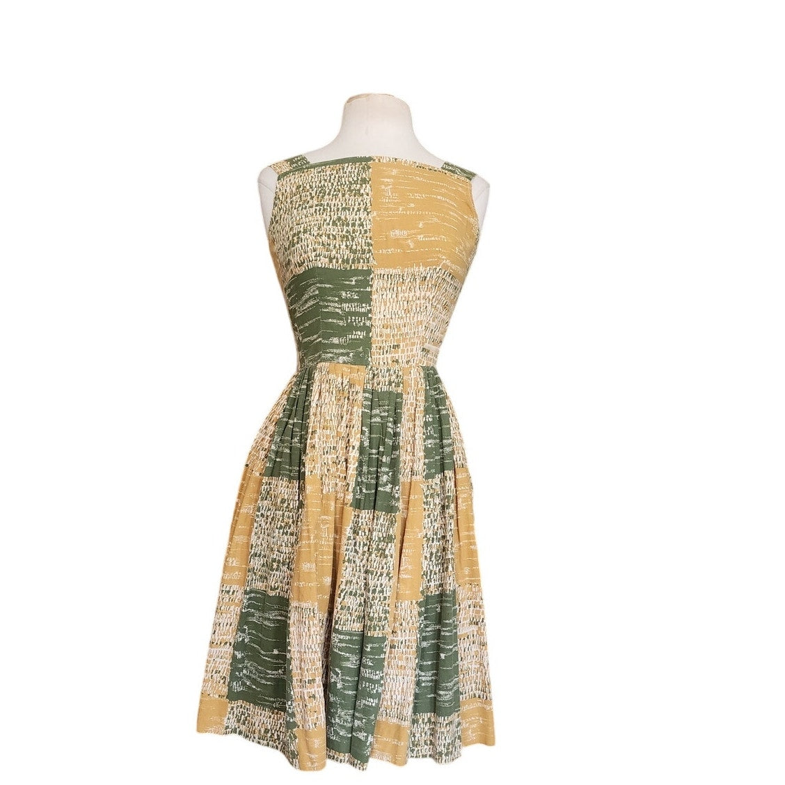 Vintage 40s 50s MCM Cotton Print Sun Dress Green Yellow Gingham Patchwork Rockabilly