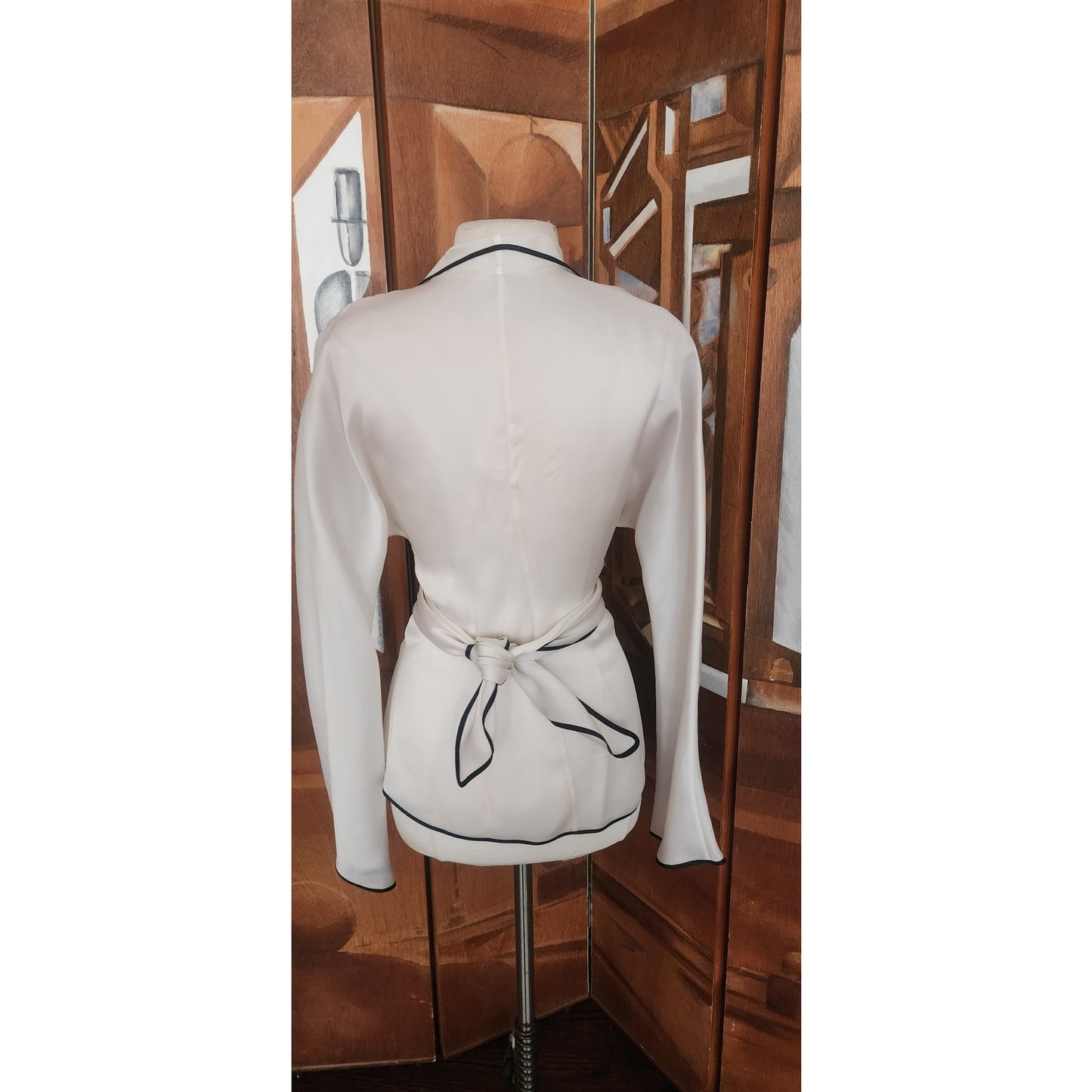 Vintage 1990s Sheer White Blazer w/Black Trim Sash Tie Belt